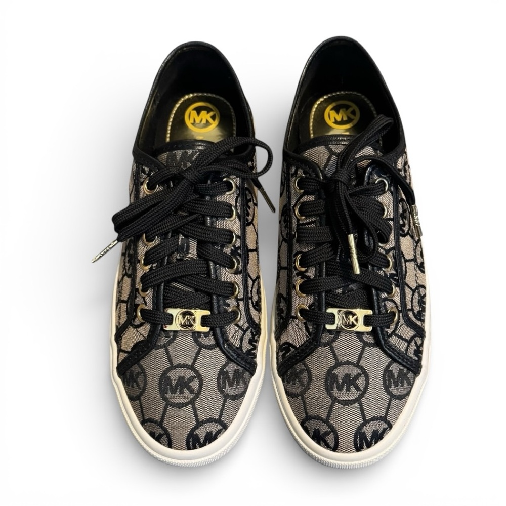 Michael Kors Boerum Signature Logo Sneakers Athletic Shoes Black Beige 7 Holiday - Picture 1 of 6